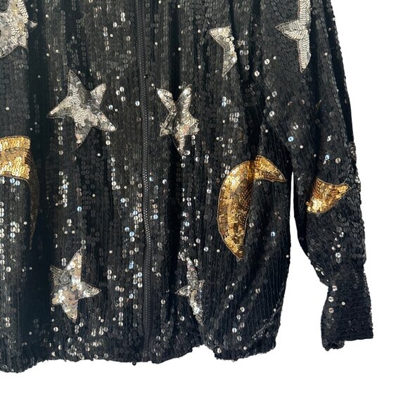 Vintage Modi Black 100% Silk Sequin Full Zip Up Jacket Moon & Star, Size 6-8 - Picture 3 of 7